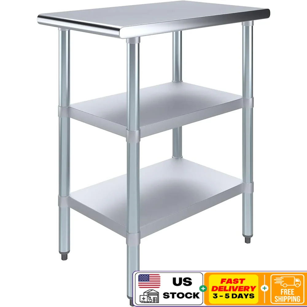 Stainless Steel Work Table Utility Table NSF Certified Metal Prep Table with 2 Shelves Adjustable Legs and Versatile Use