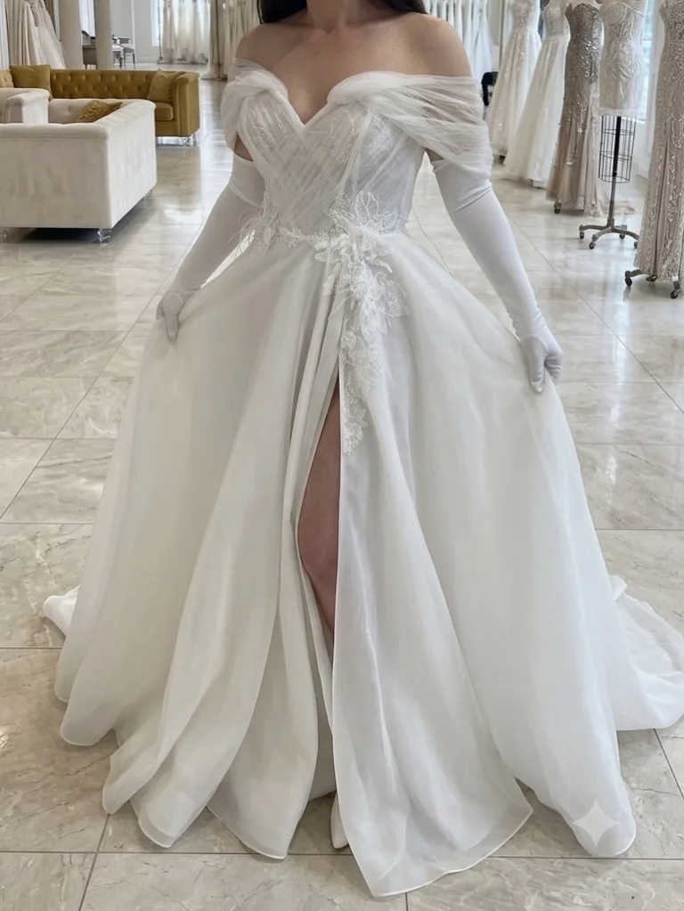 Elegant Off Shoulder Draped Tulle Corset A-Line Wedding Dress with High Slit and Lace Applique Detail Custom Made D261648