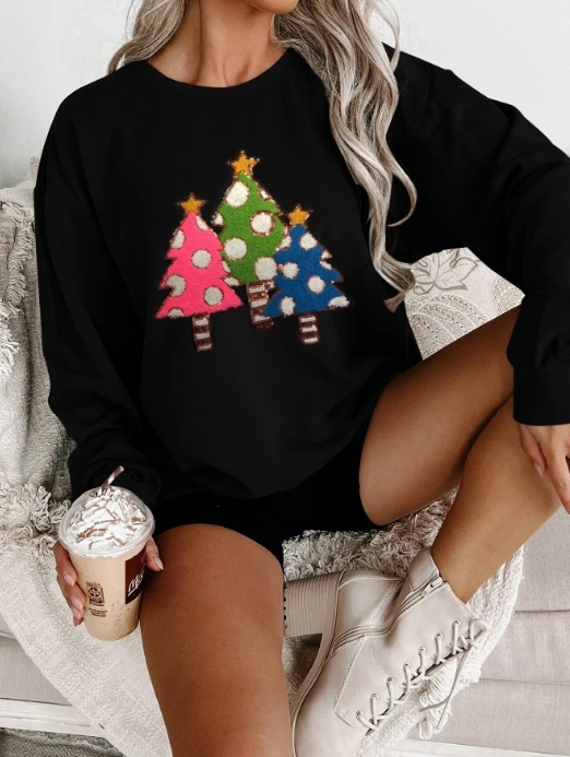 Christmas Towel Embroidered Round Neck Long Sleeve Hoodie for Women's Clothing Autumn New Fashion Female Casual Loose Pullovers