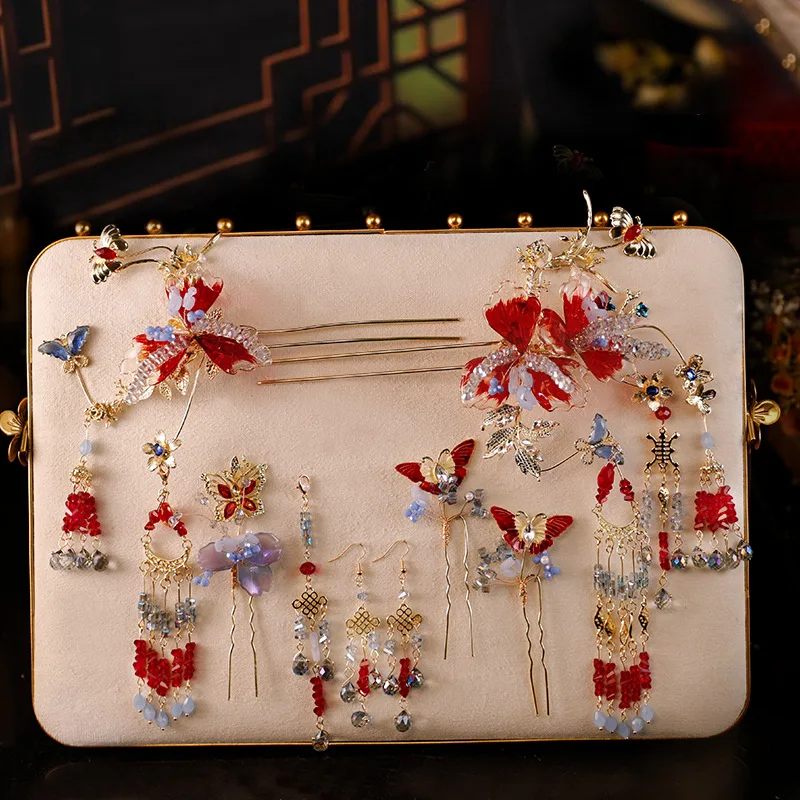 

New Chinese Xiuhe Headdress Silver Red Tassel Flower Hair Clasp Super Advanced