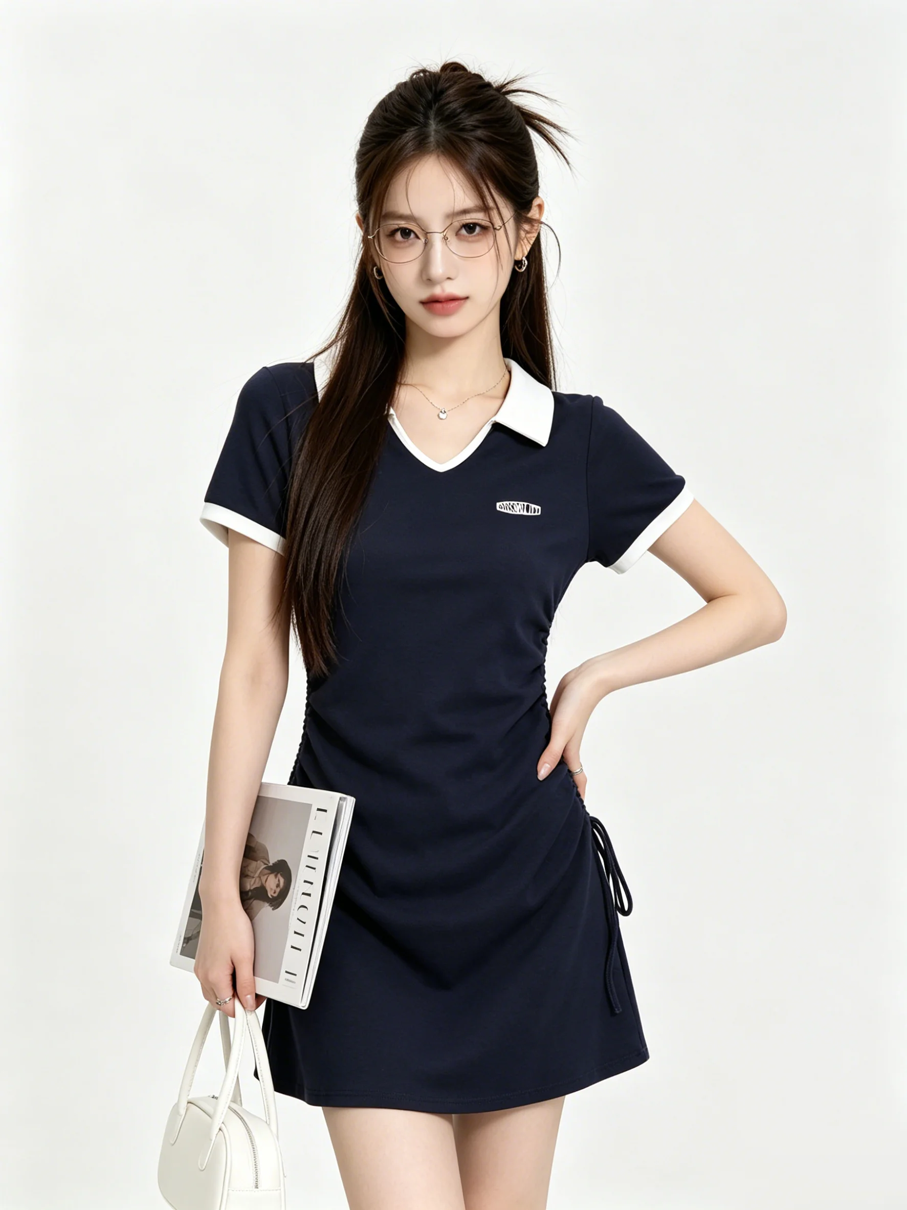 Retro Color Block  Collar Short Sleeve Drawstring Slimming Short Dress Summer Commuter Style for Women Breathable A-Line ...