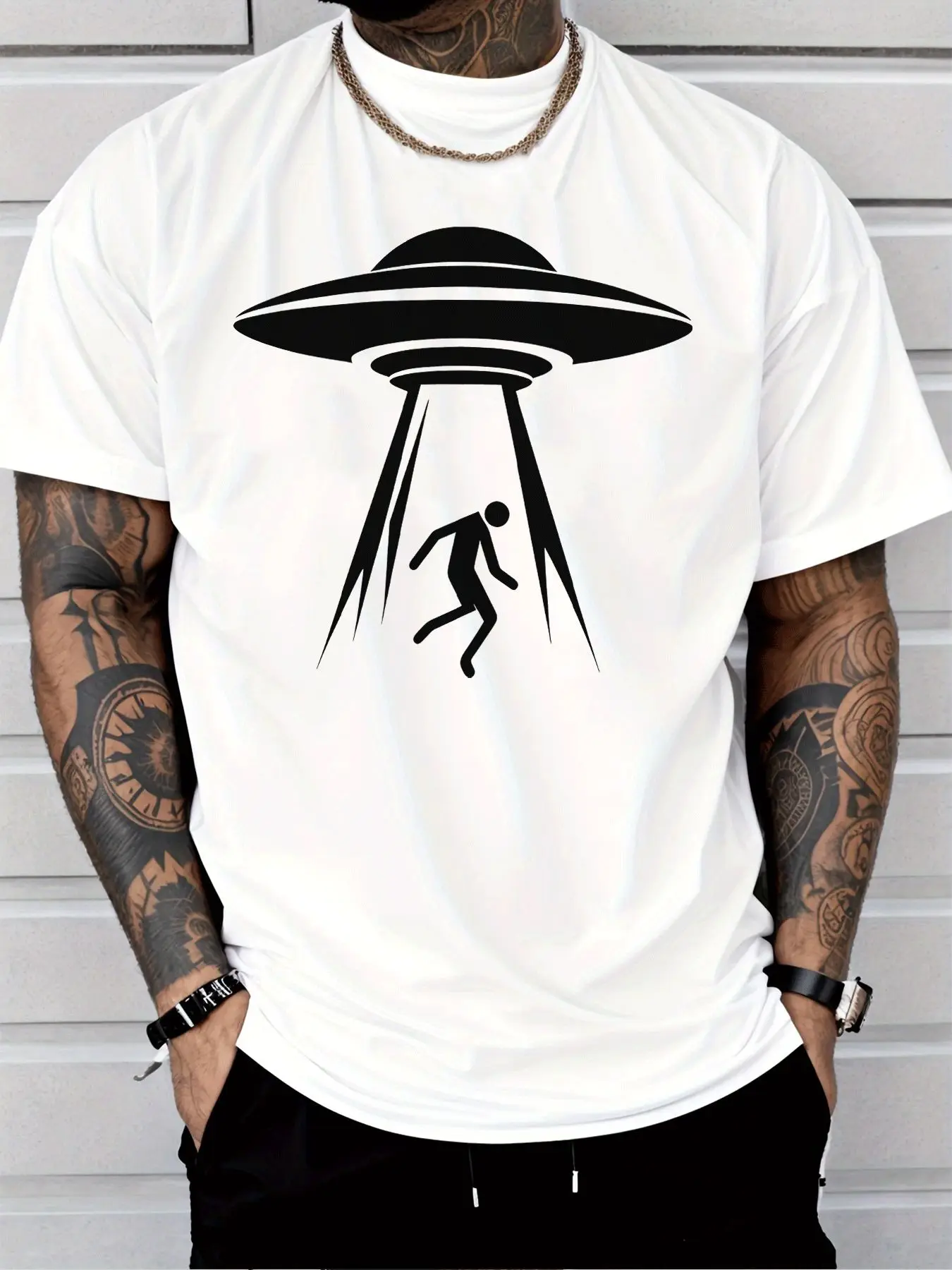 2026 New Men Royal Blue Crew Neck Tee White UFO Alien Abduction Silhouette Flying Saucer Space Sci Fi Graphic Casual Cotton Tops