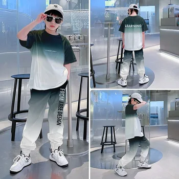 2026 Summer Teenager Boys Clothes Casual Outfit Kids Gradient Tracksuit Child T Shirt + Ankle Tie Pant 4 5 6 7 8 9 10 12 Year