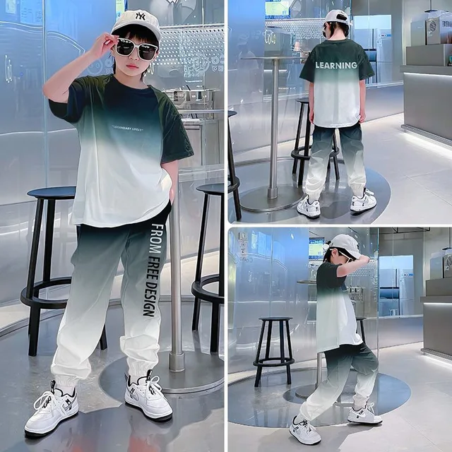 2026 Summer Teenager Boys Clothes Casual Outfit Kids Gradient Tracksuit Child T Shirt + Ankle Tie Pant 4 5 6 7 8 9 10 12 Year 2026 Summer Teenager Boys Clothes Casual Outfit Kids Gradient Tracksuit Child T Shirt + Ankle Tie Pant 4 5 6 7 8 9 10 12 Year