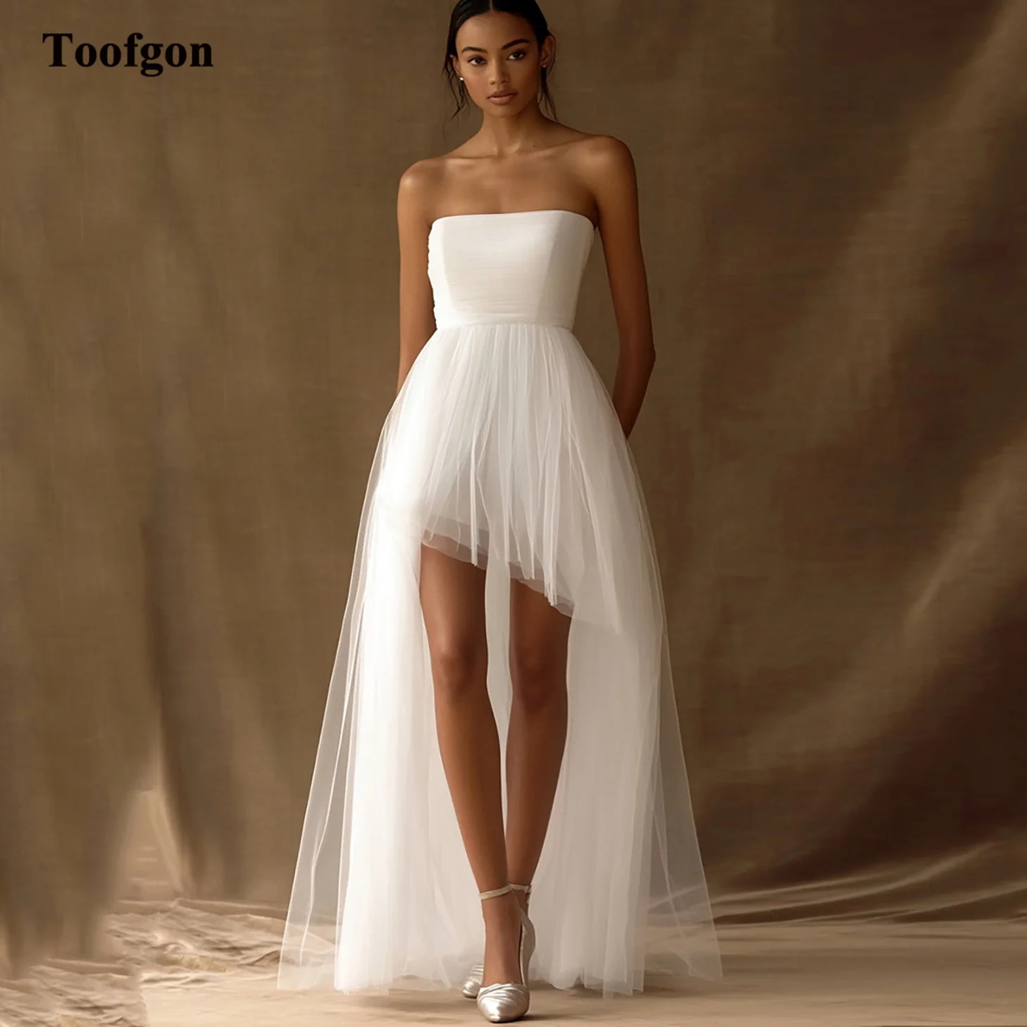 

Toofgon Customized High Low Short Wedding Dresses Strapless Tulle Bride Dress 2026 Women Formal Party Wedding Photo Shoot Gowns