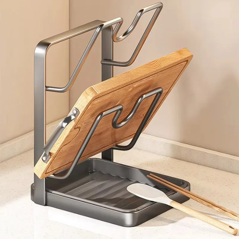 2-Tier Kitchen Countertop Pot Lid Holder With Drip Tray Multi-functional Cutting Board Spatula Drain Rack Household Organizer