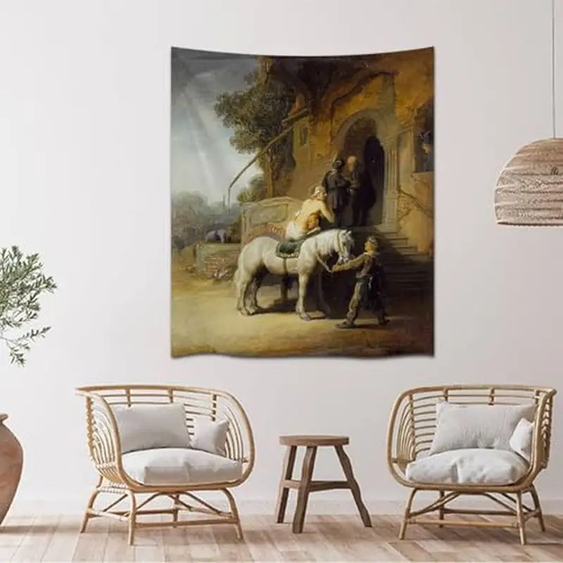 VIKAMA Classical Oil Painting Stable Equine Scene Wall Tapestry White Horse Rider Building Village Vintage Art Bedroom Living
