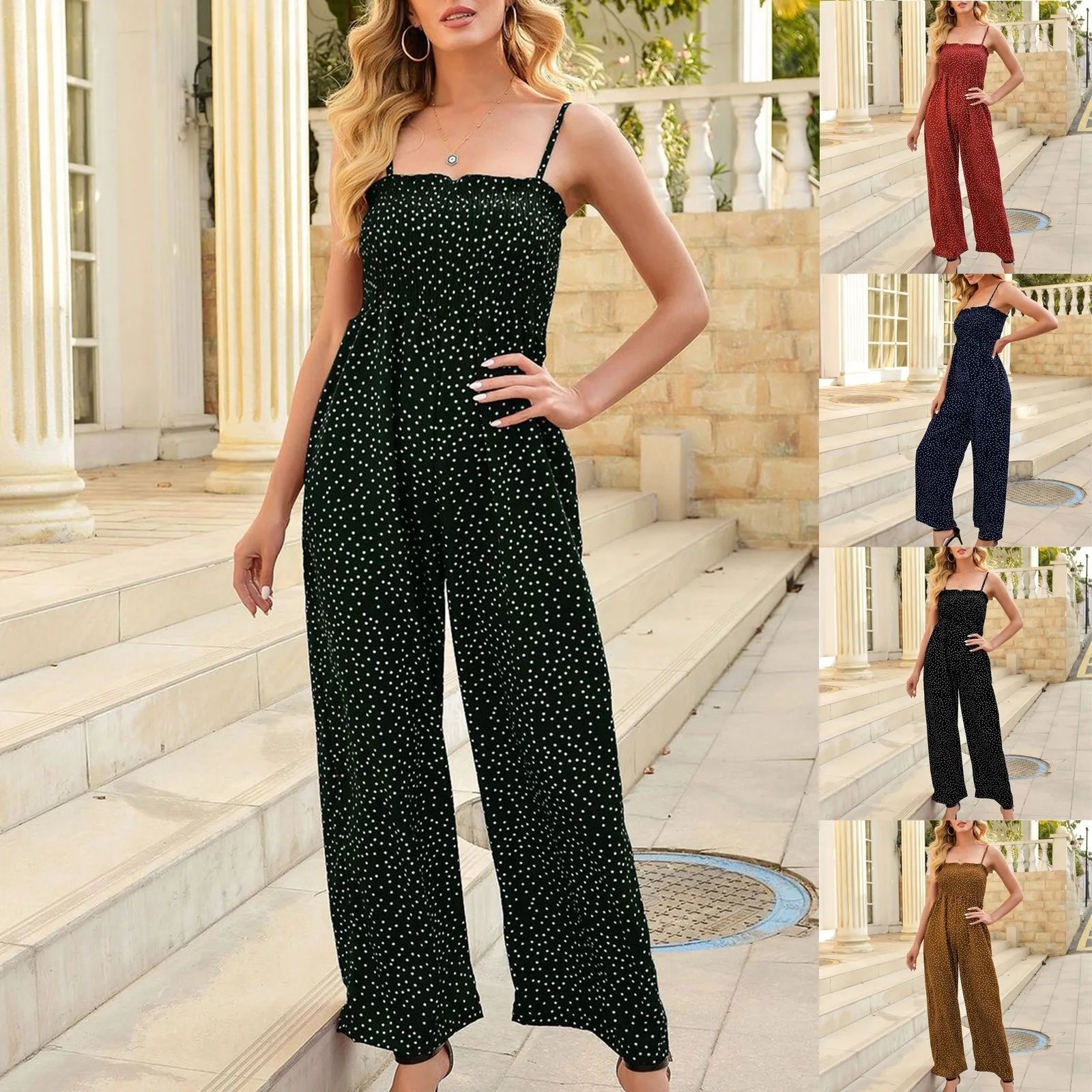 

Solid Sexy Wide Leg Jumpsuit Women Spring And Summer Wave Dot Print Casual Slim Square Neck Playsuit Lady Streetwear Clothing