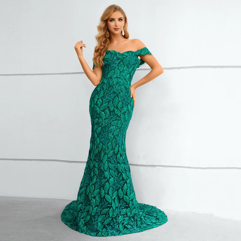 Emerald Green Prom Dresses 2023 Stunning Off Shoulder Lace Evening Gown Short Sleeves Floor Length Women Formal Party Gowns