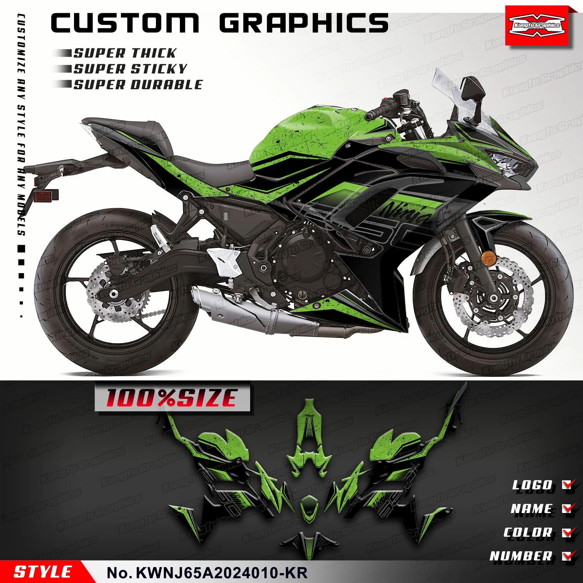 

KUNGFU GRAPHICS Sport Bike Décor Vinyl Sticker Kit for Kawasaki Ninja 650 2020 2021 2022 2023 2024 KWNJ65A2024010-KR