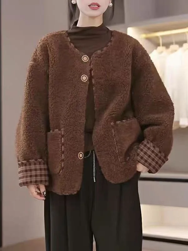 

Plaid Splicing Leather And Fur ort Coat Women's Autumn Winter New Sle High Quali Versatile ort Top Korean Loose Fit