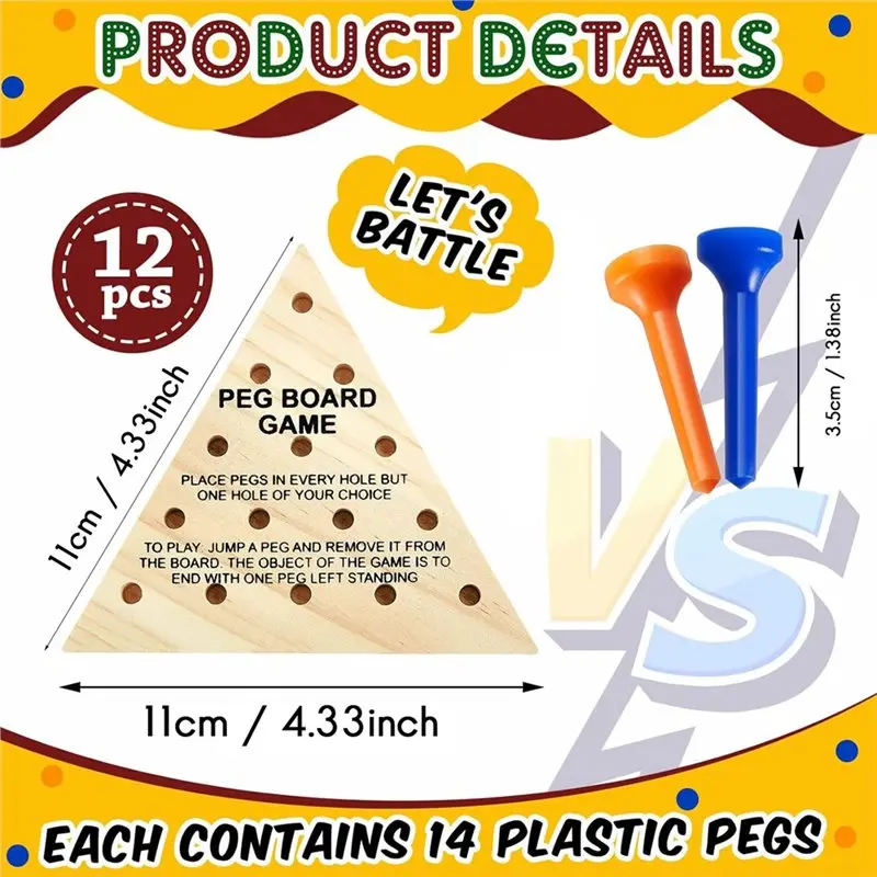 AS96-Table Game Wooden Board 12-Pack Triangle Peg Games For Family Boys Girls Adults, Learning Toys Travel Peg Jump Toys