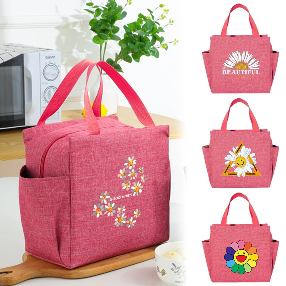 

Insulated Lunch Bag Kids Food Storage Bags for Girl Teenage Pink Cute Lunch Box Design Daisy Series Printing Aluminum Foil