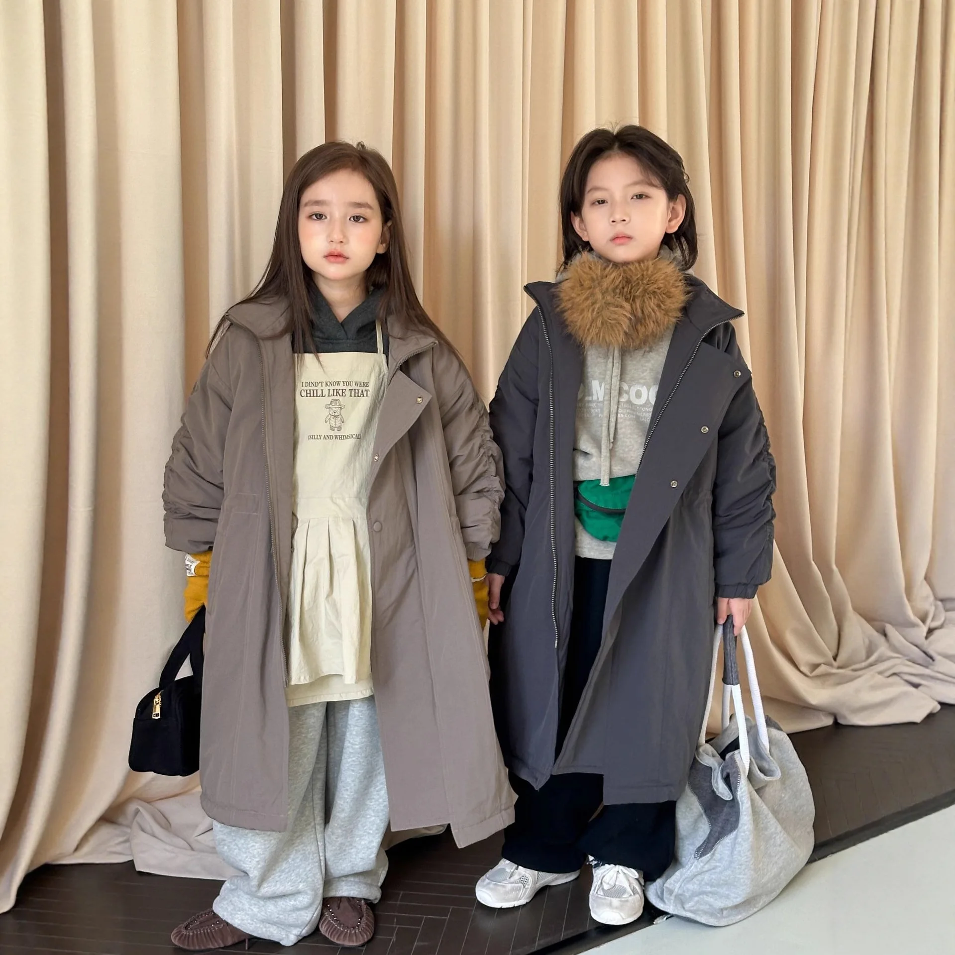 Korean Winter Kids Boys Long Parkas Cotton Padded Turn Down Collar Children Jackets Loose Thicken Warm 2-10Y Little Girls Coats