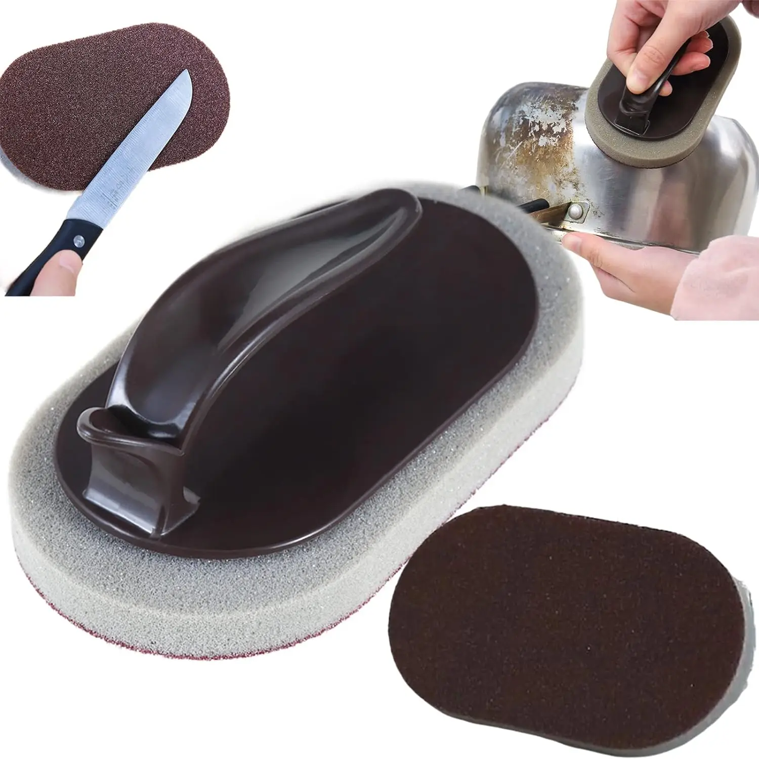 Sand Sponge Scrubber with PP Handle, Emery Grit Multi-surface Cleaner for Kitchen Bath Sink Tiles Cutting Board
