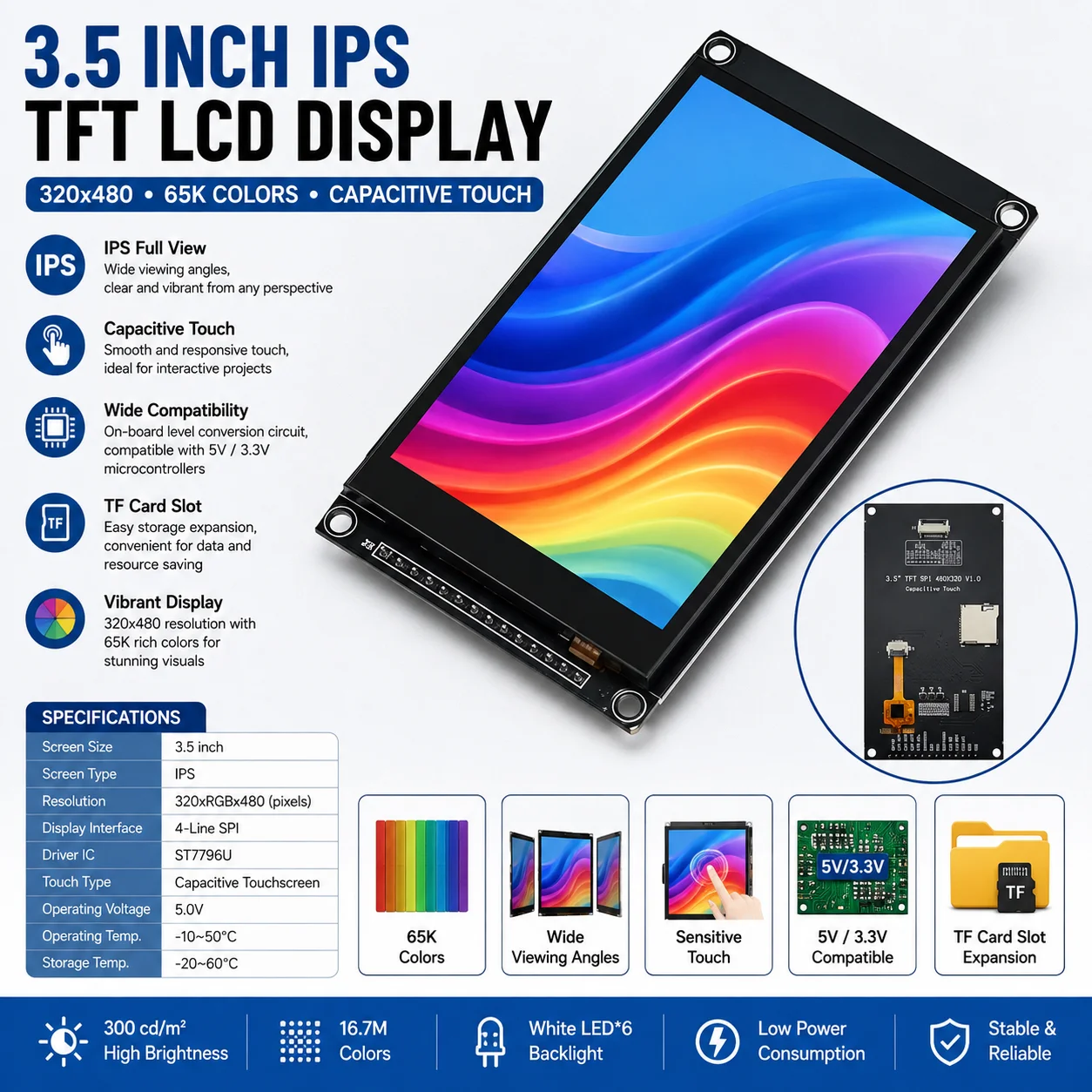 3.5 Inch IPS TFT LCD Display 320x480 ST7796U Capacitive Touch Screen Module 5V Compatible With TF Card Slot For Arduino