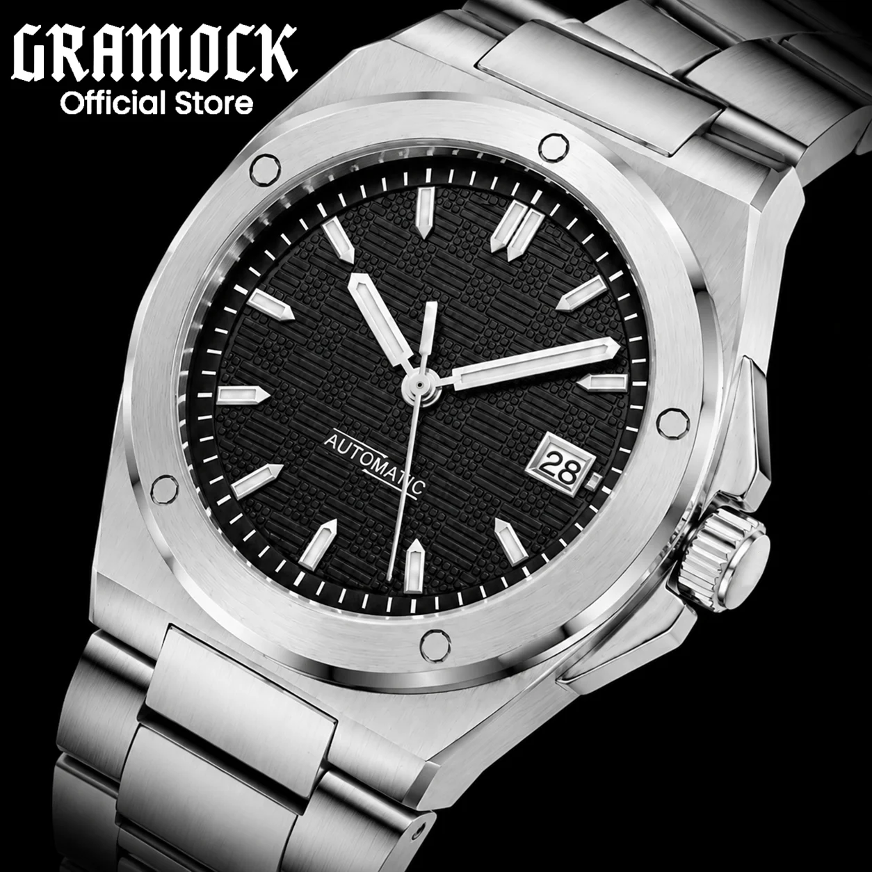 

100m Diver 40mm Sapphire Crystal Engineer NH35A Mechanical Men Watches Luminous Black Square Block Dial Stainless Steel Bracelet