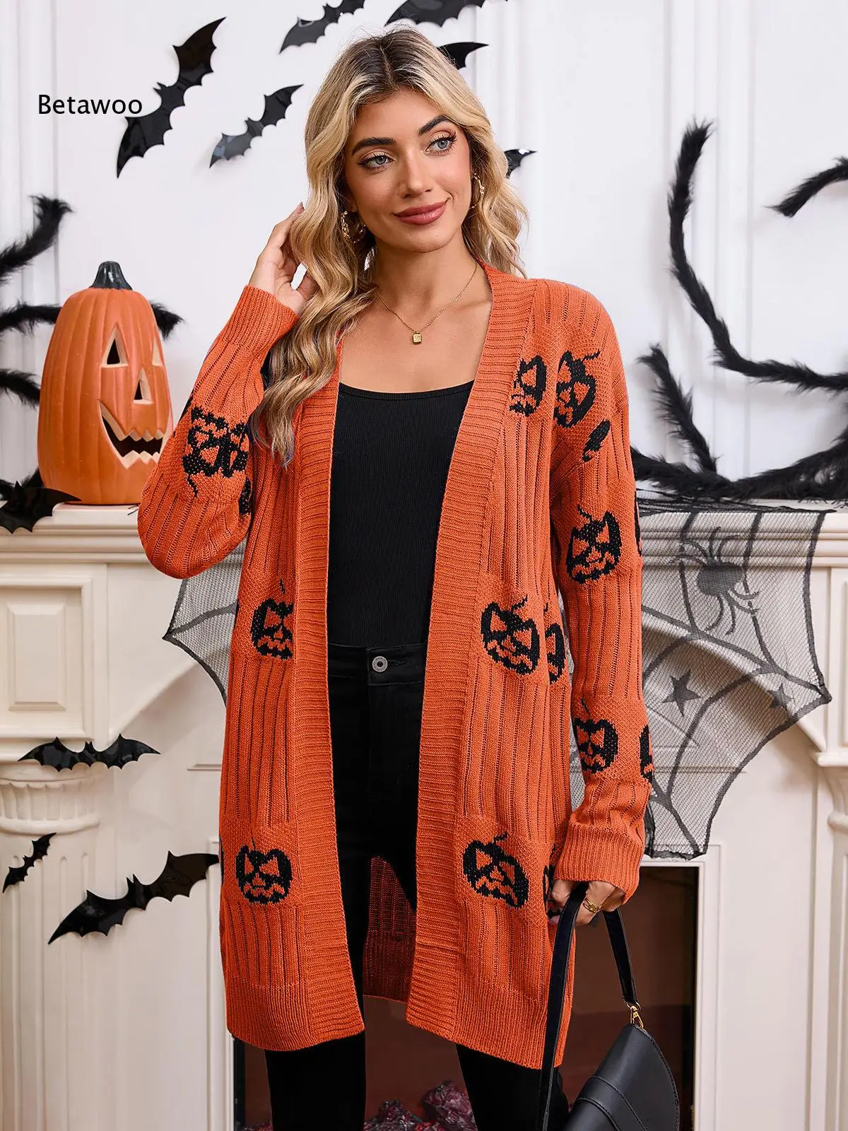 Halloween Pumpkin Jacquard Knit Cardigan Women Open Front Long Sleeve Casual Outerwear