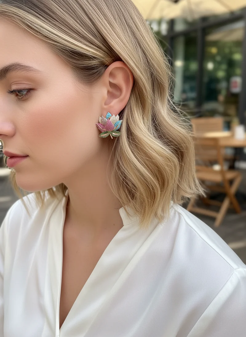 Luxury Gold Plated Multicolor Lotus Flower Stud Earrings Paved Colorful Cubic Zirconia Design Bold Statement Jewelry for Party