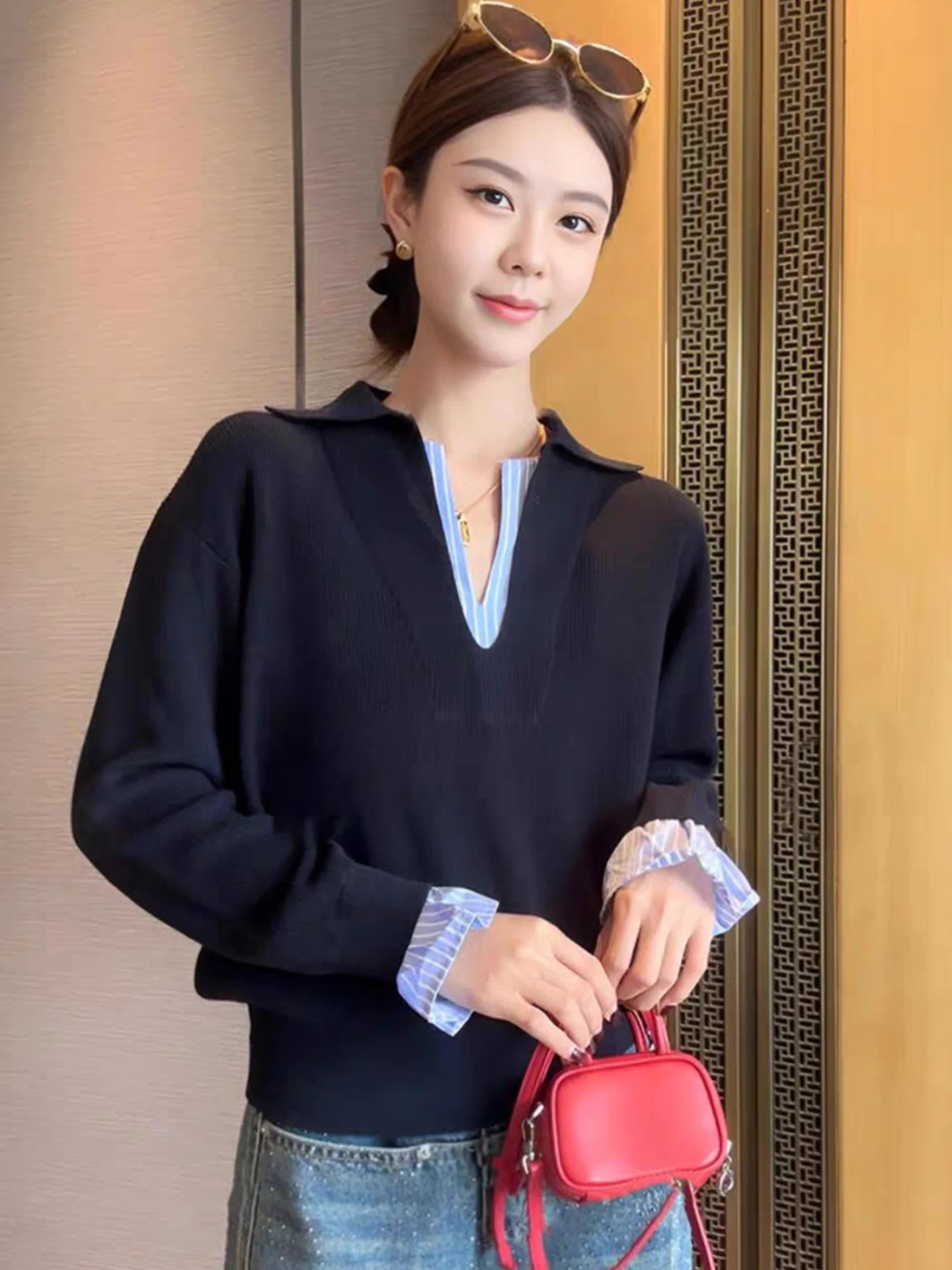 

Ele Loose Long Sve Knit Top Color Blo Design Faionable Осенний наряд Poet Sle Прямой крой Корейская версия