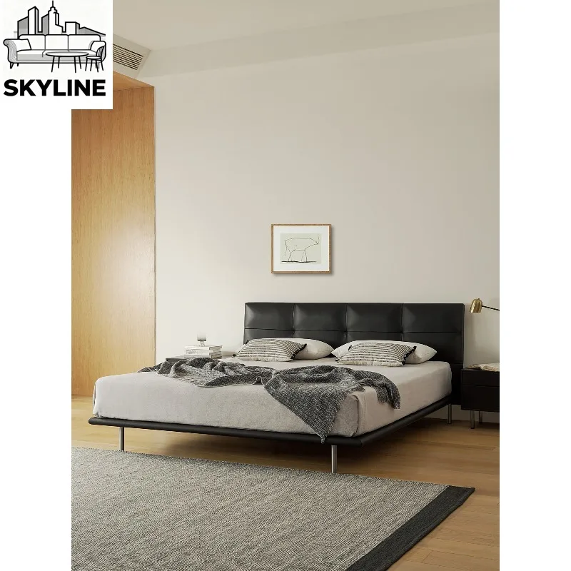 Vintage Black Small Square Floating Bed, Chocolate Black Solid Wood Genuine Leather 1.8m Double Master Bed