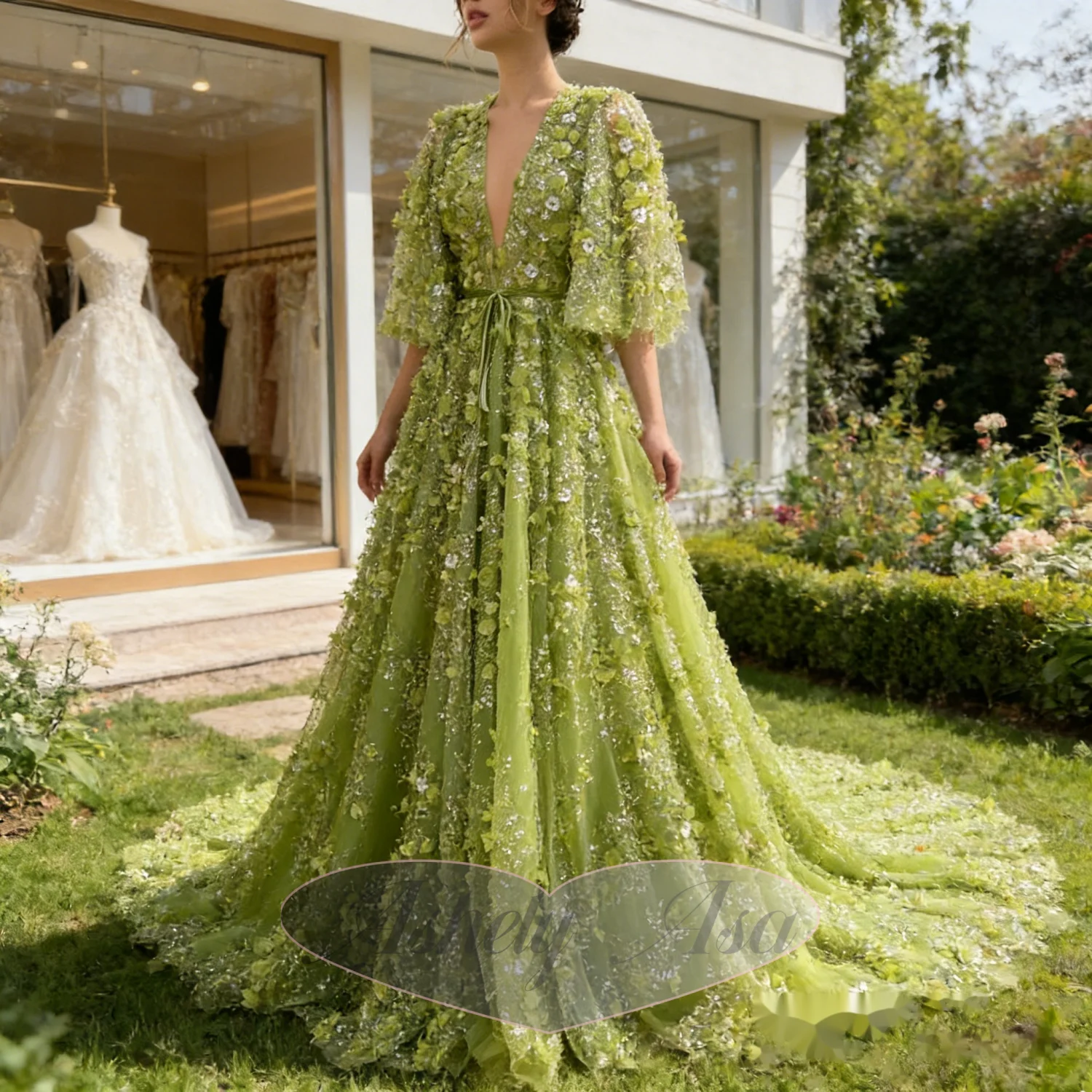 Customized Sage Green Luxury Prom Dresses 2026 V Neck Short Sleeve A Line Long Crystal Flower Women Evening Formal Dress Party view 4