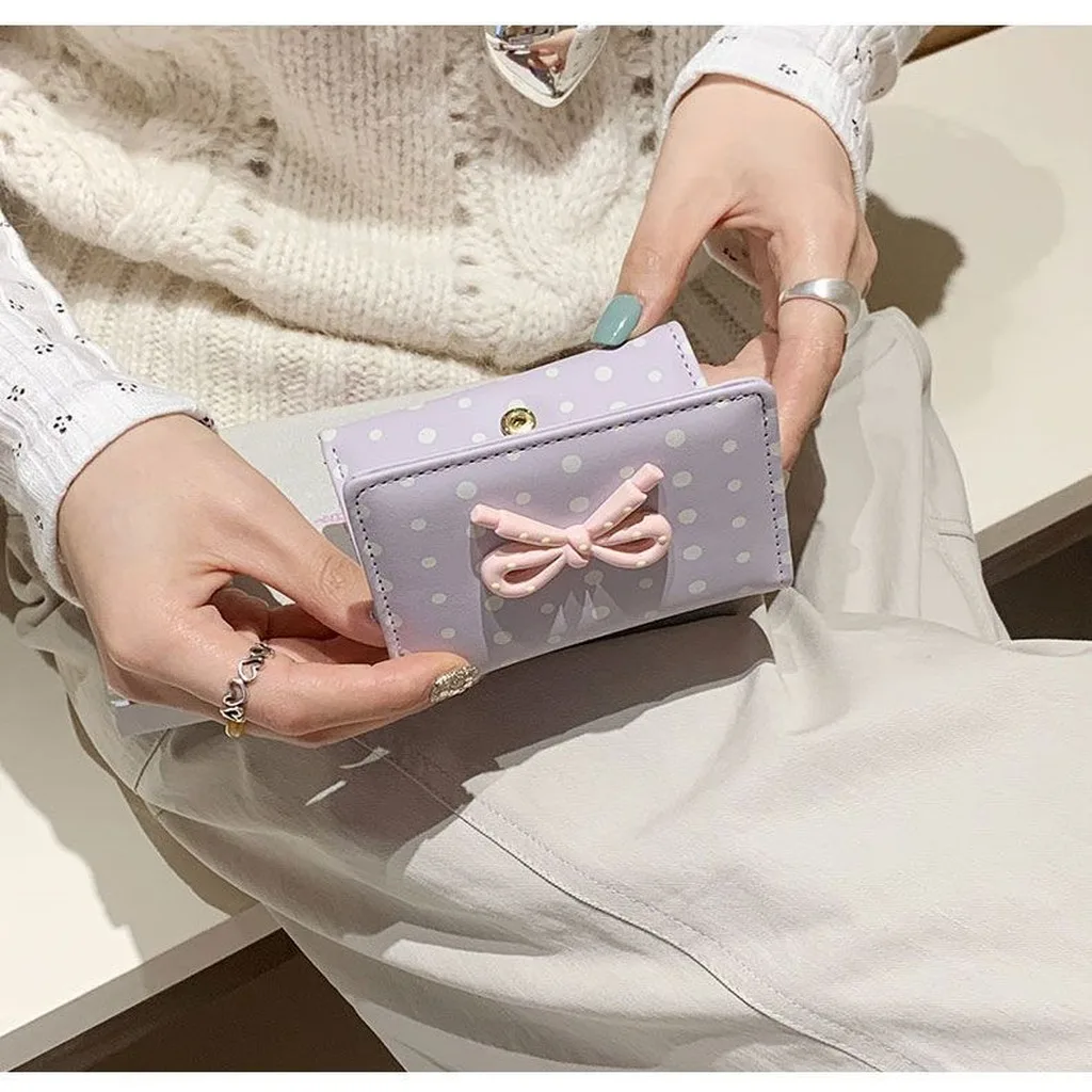 Bow Decor Wallet Pu Leather Mini Card Holder Coin Purse Cute Polka Dot Wallet For Cash Storage Card Storage Daily Occasions