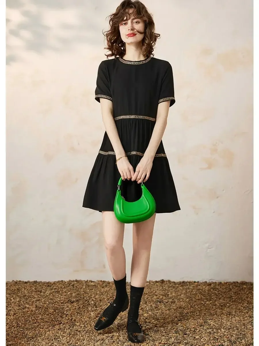 LOUIS YAO Women Dress 2024 Summer Casual Elegant Round Neck Short Sleeve Webbing Loose Fit A-LINE Black Short Dress