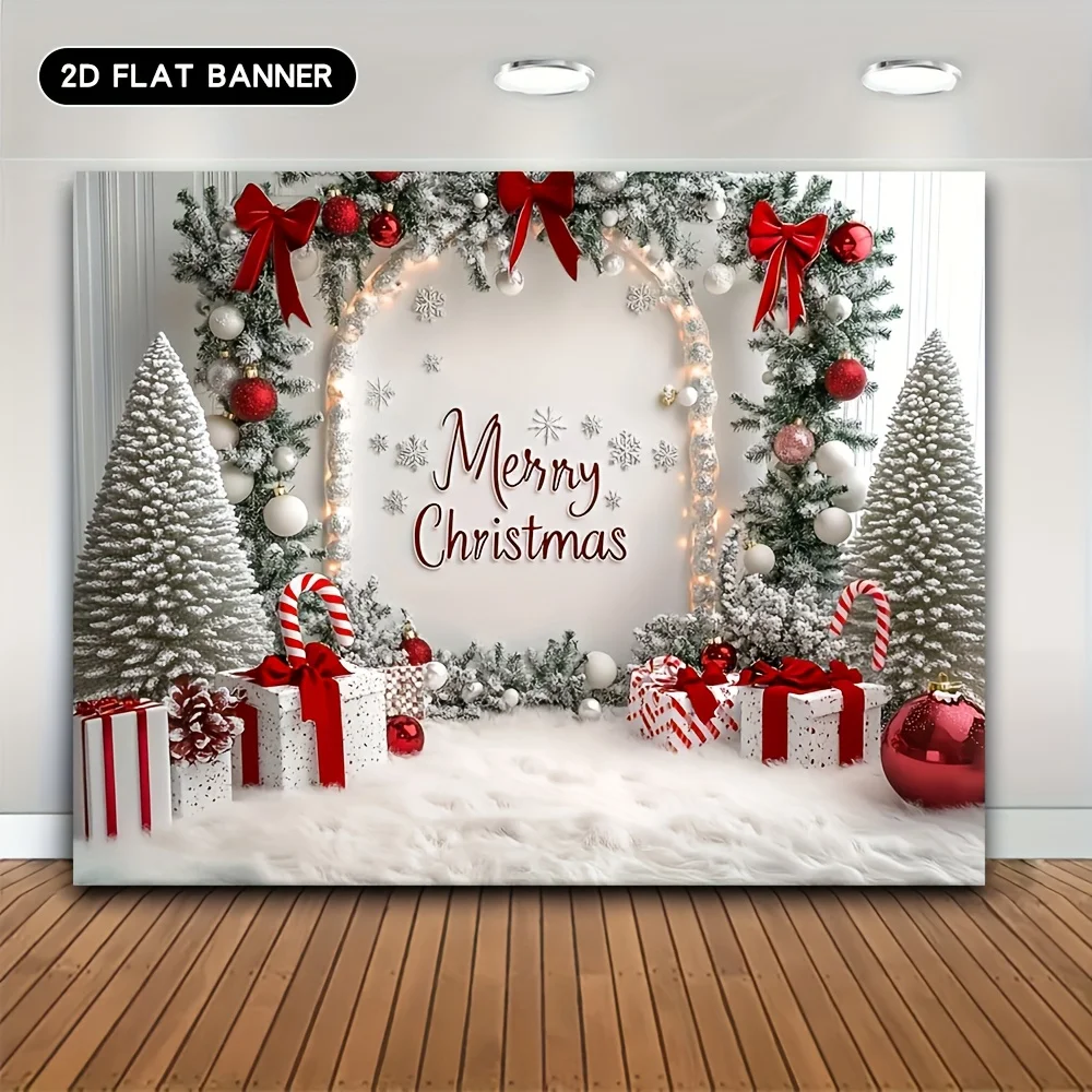 Banner plano 2D, 1 pieza de fondo de Feliz Navidad con bastón de caramelo, peluca plateada, arco con vista de nieve y árbol de Navidad