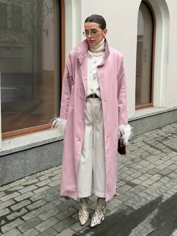 Damen Trenchcoat in Dusty Rose mit Stehkragen, Übergroße Maxi-Jacke mit Druckknopfleiste, Fallende Schultern, Leichter Loser Windbreaker – Detail 17