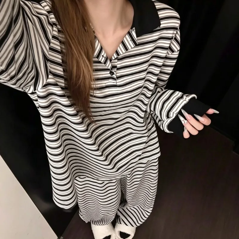 Contrast Stripe Pajama Set Women Autumn Lapel Collar Long Sleeve 2Pcs Wearable Outside Home Loungewear Casual Nightwear Ladies