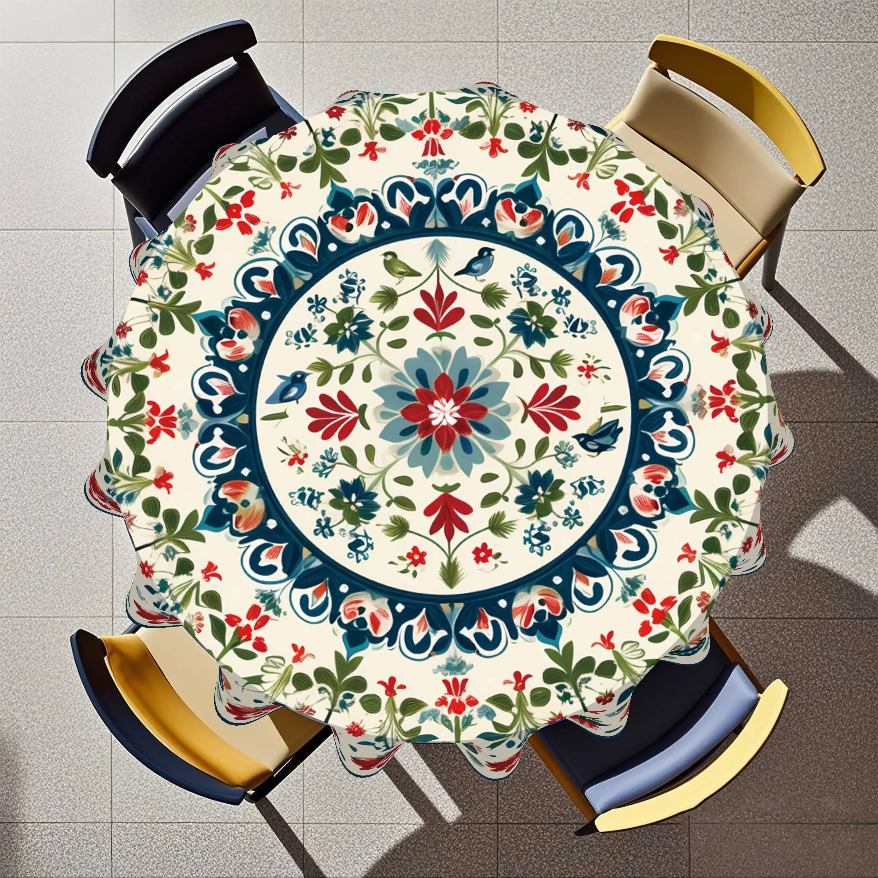 One ethnic-style floral round tablecloth - 2D flat printing, bright red, green and blue vibrant tulip pattern.yzb