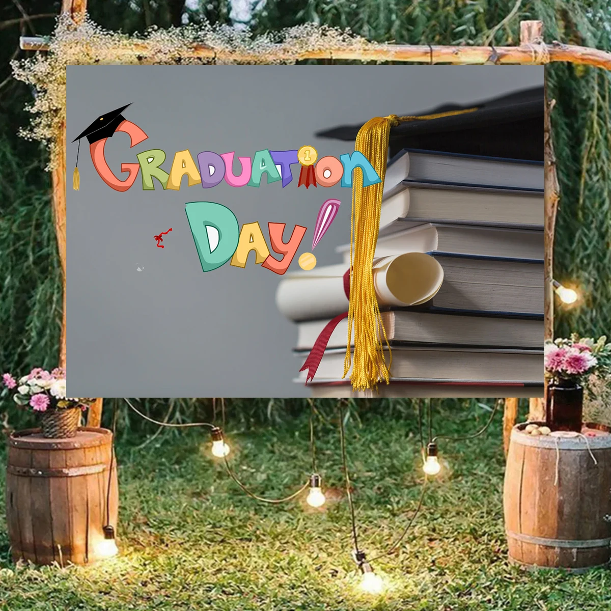 Students Graduation Day Welcome Party Theme Banner Books Cap Background  Ceremony Backdrops  Decoration photograpy