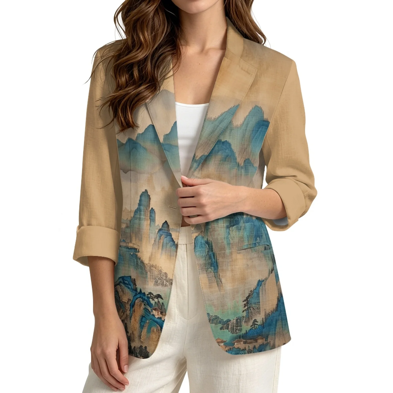 PENSTROLL Mountain Landscape Breathable Beach Cover Up for Women Linen Style Daily Shrug Beach Jackets