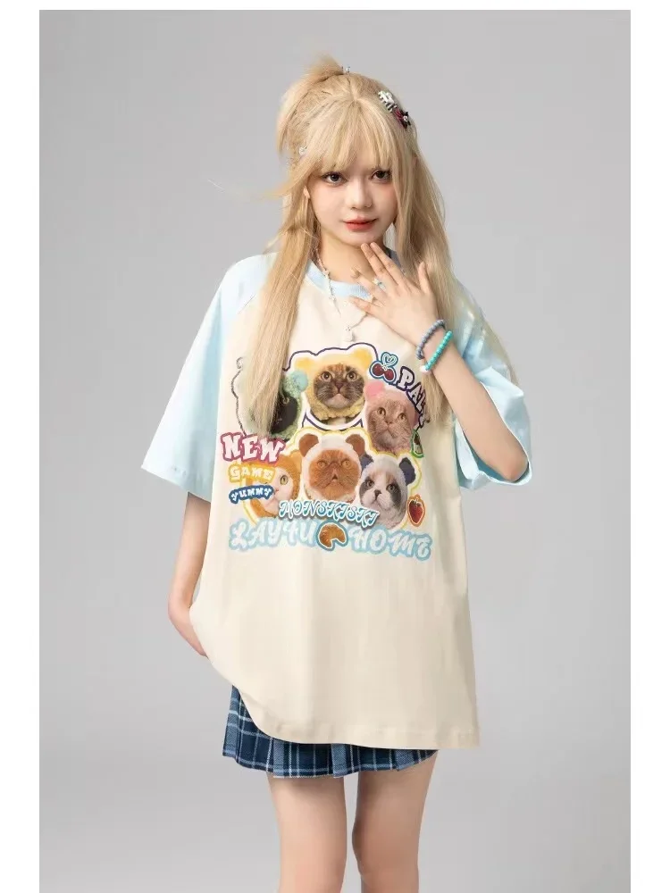 Funny Cartoon Cart Print Tees shirts Contrast Color Short Sleeve Y2k Tops O Neck Ropa Mujer 2023 Summer New Kawaii T Shirt woman