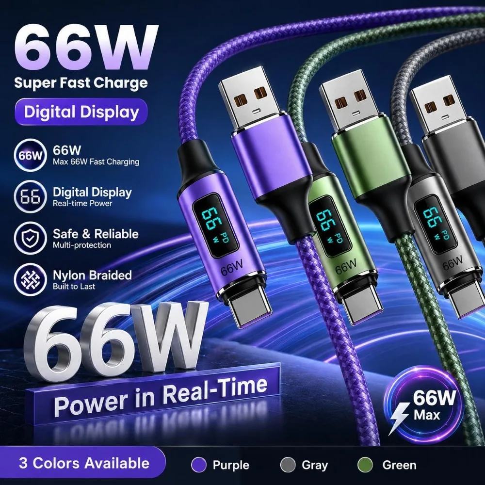 66W USB-A to USB-C Cable Real-Time Display 3A Digital Display Cord 480Mbps Data Transfer Braided Charging Line Tablet Charging