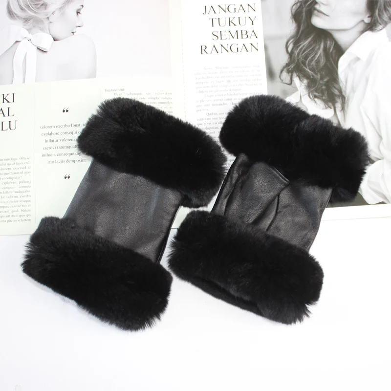 New High Quality Ladies Sheepskin Half Finger Gloves Autumn Genuine Leather Rabbit Fur Style Warm Fleece Lining Work Driving Glo