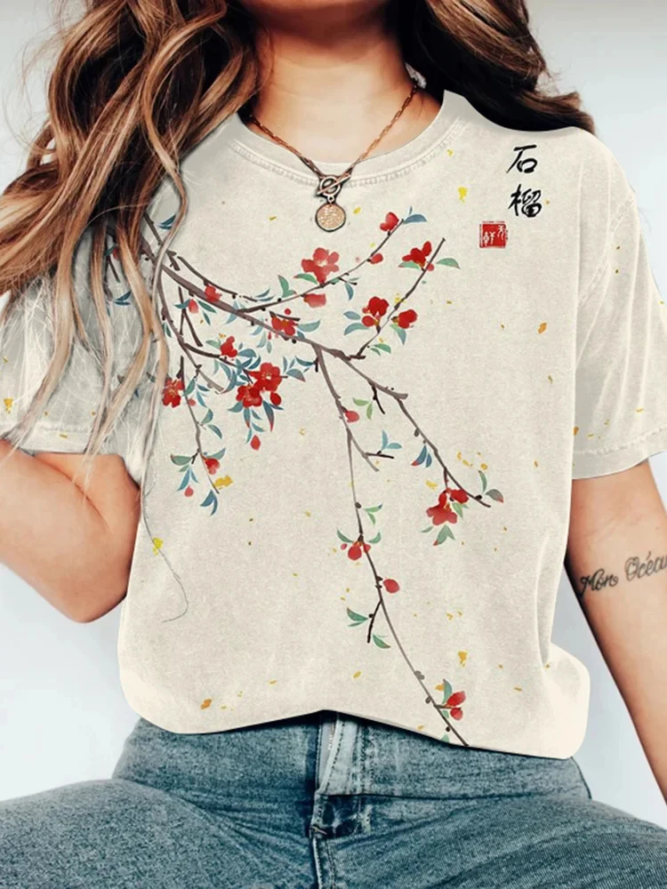 XXS-6XL Plus Size Short Sleeve T-Shirt Round Neck Women Fashion Summer Retro Japanese Art Flower Tiger Frog Print Casual Top