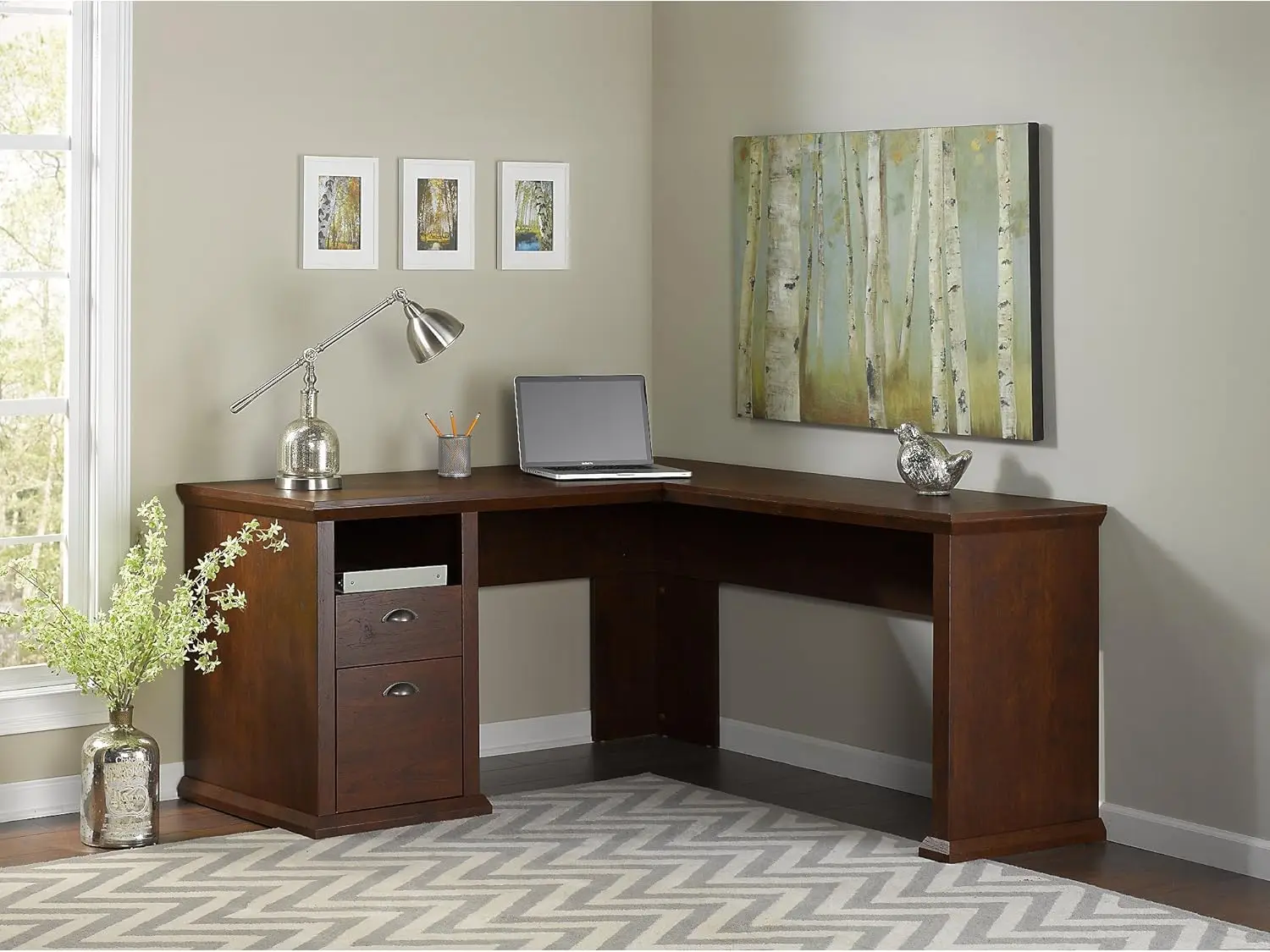 Yorktown 60W L Shaped Desk With Storage In Antique Cherry