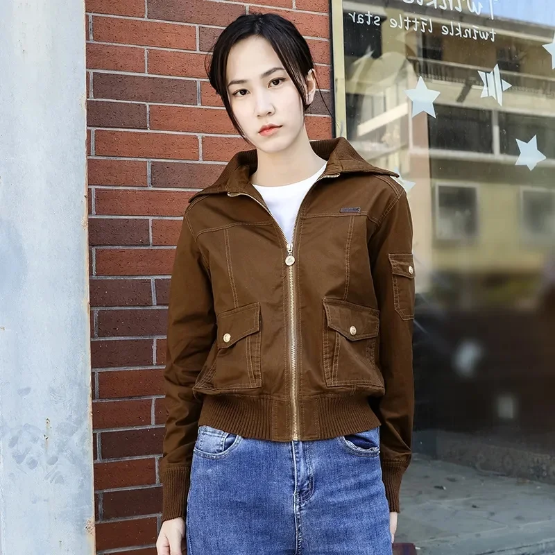 

Pure Cotton Jacket Women's 2024 Spring Autumn Short Coat New Loose Slim Fashion Lapel Outwear Washed Tooling Overcoat Female Top