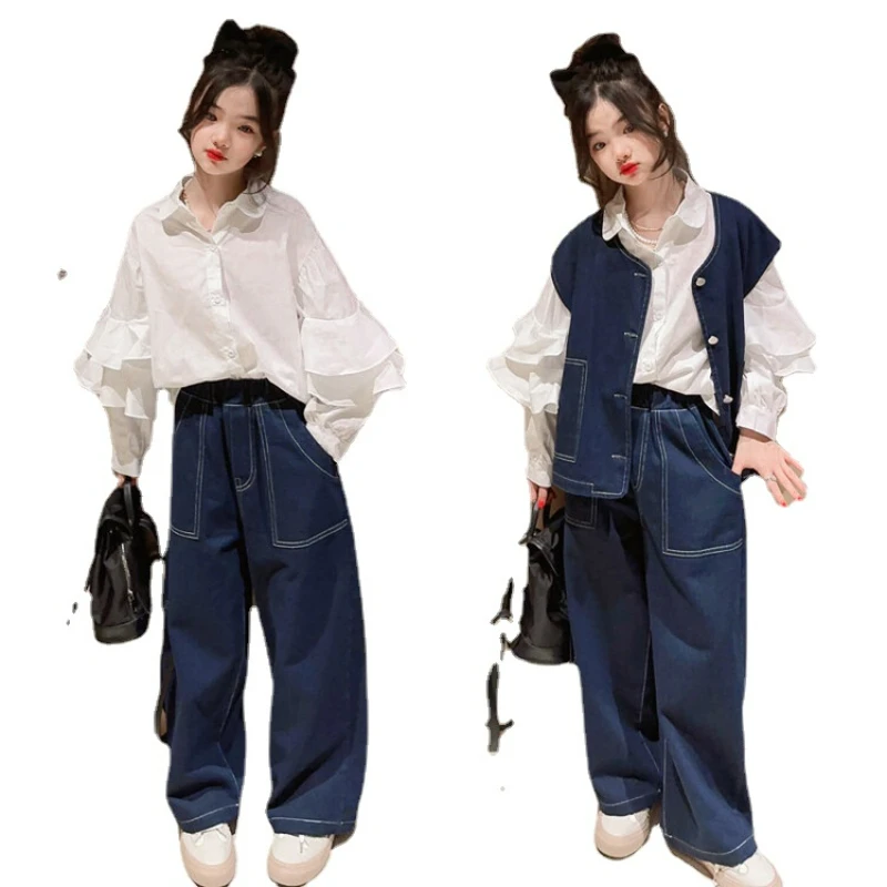 10 12 14 15 teenage Girls clothes suit spring childrens Denim vest+wide leg pants 2pcs kids girls clothing set children outfit