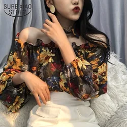 New Sexy Slash Neck Off Shoulder Blusas Women 2024 Spring Summer Flower Shirts Long Sleeve Blouse Vintage Lady Tops 4304 50