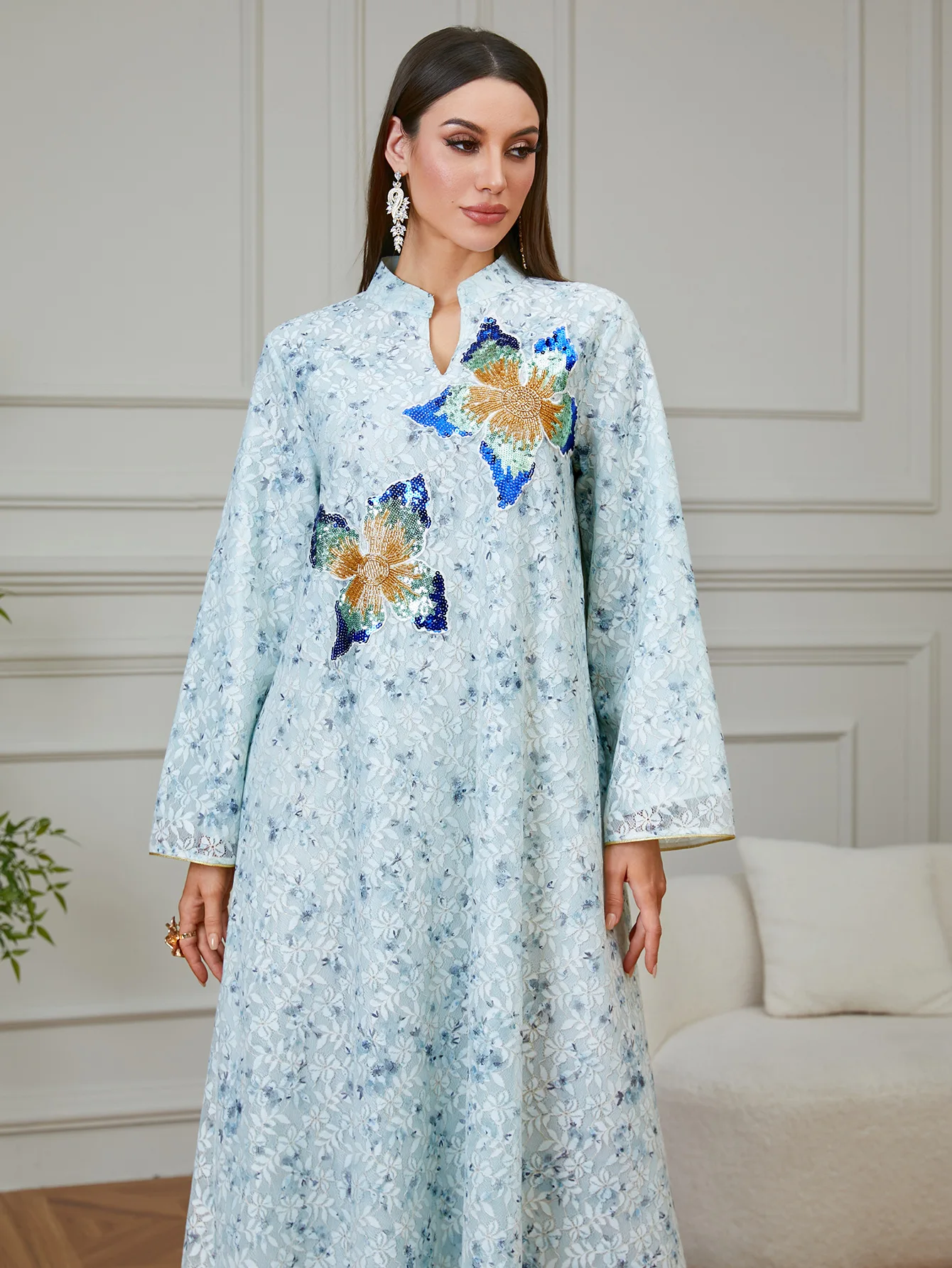 Elegant Women Floral Sequin Embroidery Long Robe Ethnic Abaya Loose Maxi Dress Vintage Casual Party Female Fashion Long Clothing