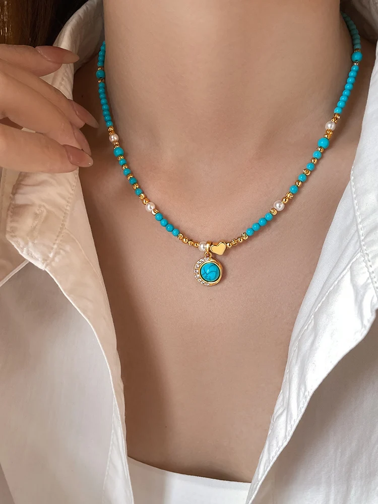 2025 new design fashion jewelry retro natural blue stone zircon pendant necklace elegant women's daily work accessories