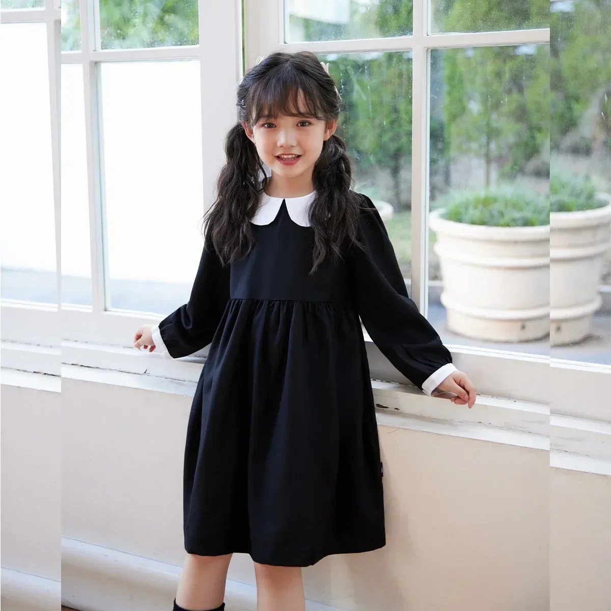 

Girls Black School Collar Children's One Piece Clothing Kids Cute Clothes Vestido SpringDress Baby Girl Long Sleeve Dresses