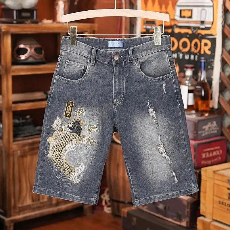 Plus Size Men's Denim Shorts with Retro Koi Embroidery, Vintage Loose Jeans, Casual Loose Shorts for Summer Street Style, Distre