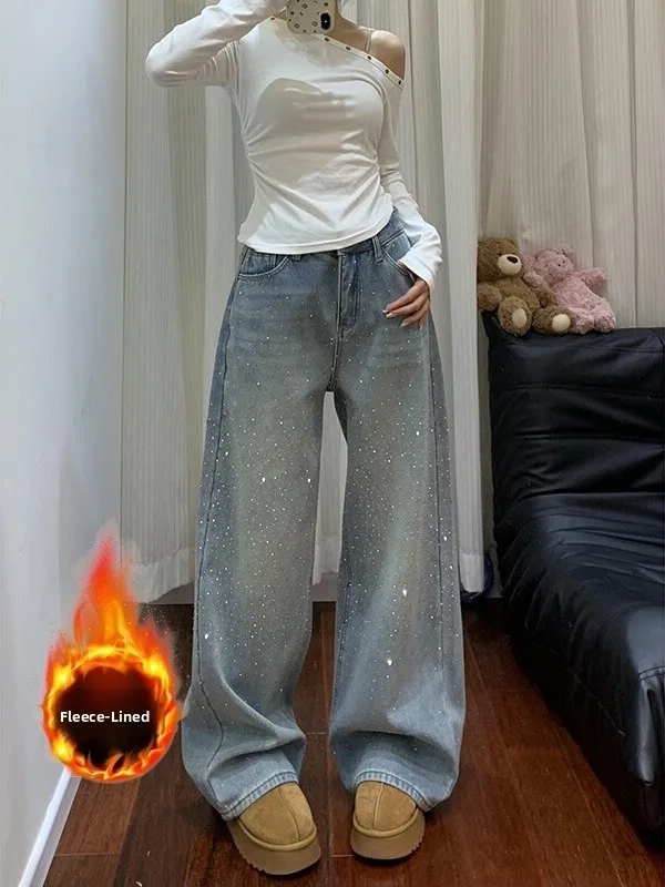 

Женские джинсы Heavy Du со стразами, свободные прямые брюки, осенне-зимний дизайн, утягивающие брюки, повседневные брюки на молнии с низкой талией