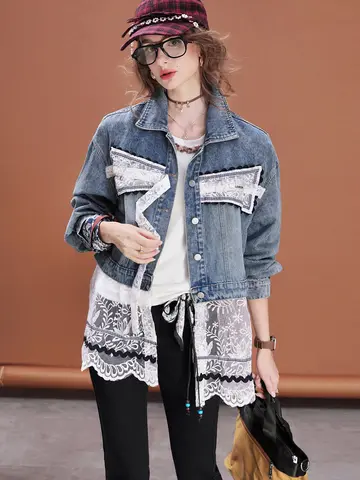 Women Denim Jacket with Lace Trim Loose Fit Fashionable Blue Jean Outerwear Casual Elegant Shirt for Women