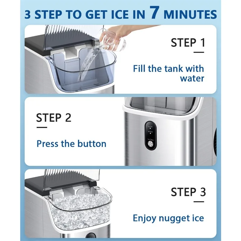 ماكينة صنع الثلج المحمولة على سطح الطاولة من Nugget Ice Maker مع مقبض، التنظيف الذاتي، صانع الثلج المحمول، الفولاذ المقاوم للصدأ