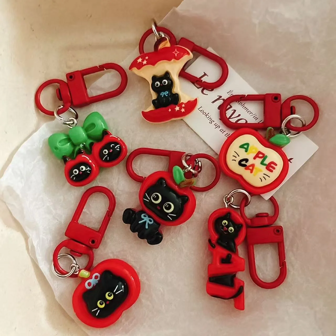 6PCS Cute cartoon Little Apple Black Cat Keychain Handmade DIY Hair Clip Shoe Buckle Phone Case cartoon Accessories Matching